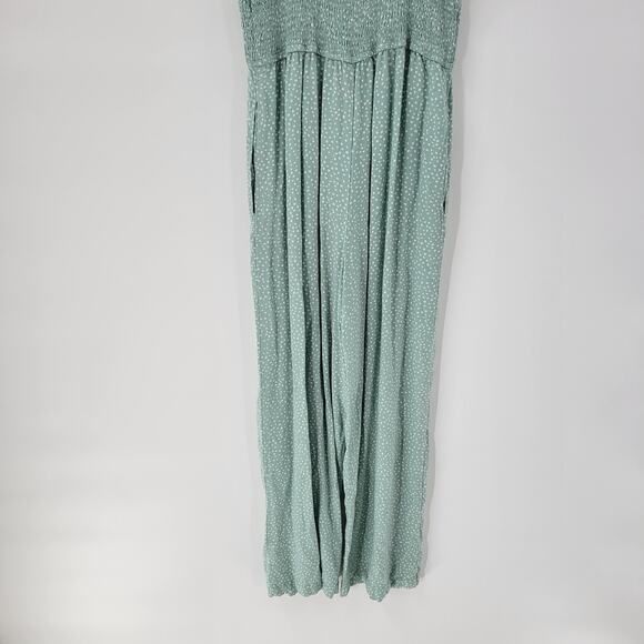 Jessica Simpson Jumpsuit Womens M Green White Polka Dot Wide Leg Smocked Straps - Picture 2 of 14